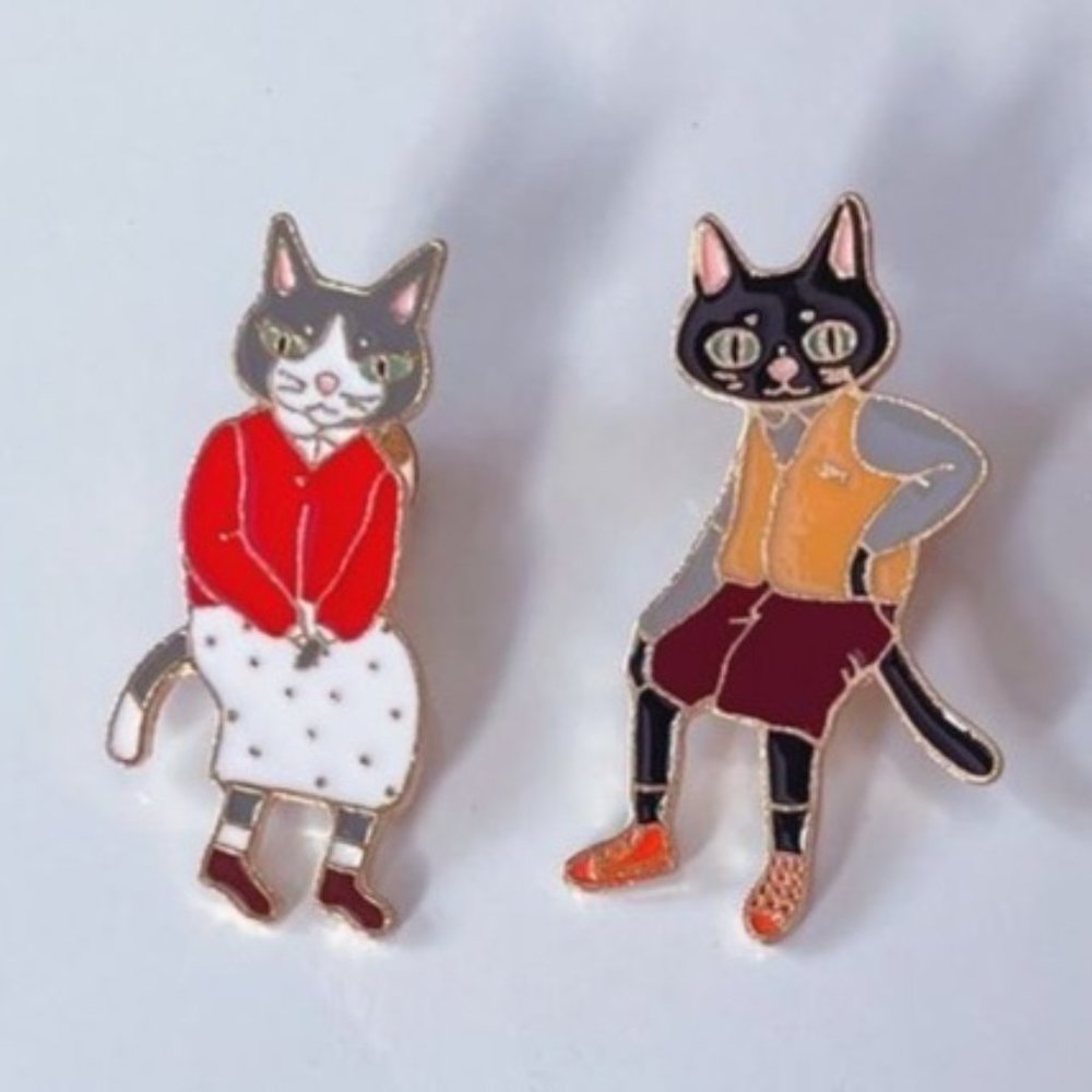 Cat couple pin set enamel cats friends grandma boho
